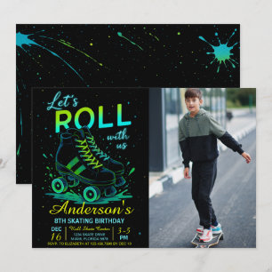 Retro Neon Rullskridsko Födelsedagsfoto Inbjudningar