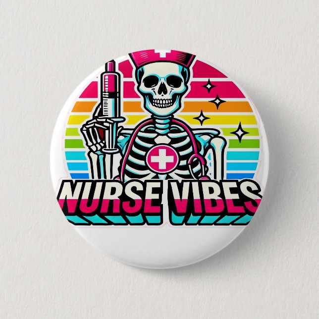 Retro Neon Skeleton Nurse - Funny Spooky Medical D Knapp (Framsida)