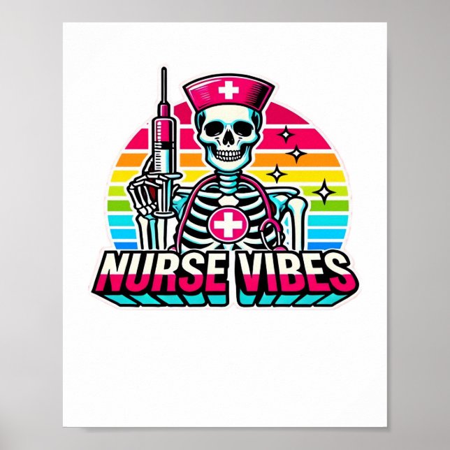 Retro Neon Skeleton Nurse - Funny Spooky Medical D Poster (Framsidan)