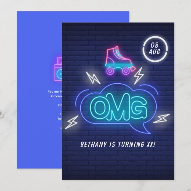 Retro Neon Skyltar Födelsedag Inbjudningar (Fram/baksida)