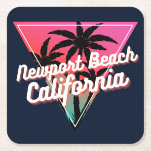 Retro Neon Solnedgång Palmträd Newport Beach Underlägg Papper Kvadrat