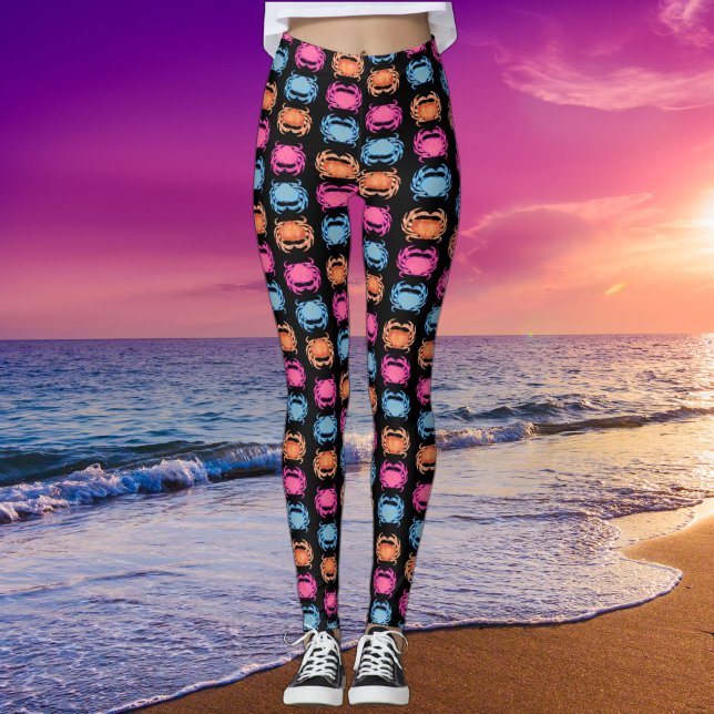 Retro Neon Style Pink 80s Ocean Crab Pattern Black Leggings (Skapare uppladdad)