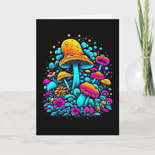Retro Neon Svamp and Flowers Birthday Kort (Framsida)