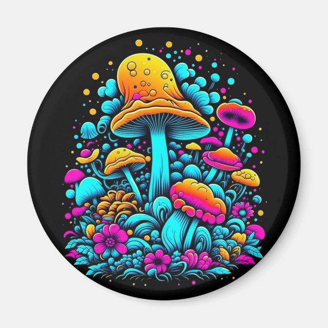 Retro Neon-svampar och blommor Ai Art Magnet (Framsidan)