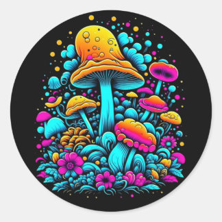 Retro Neon-svampar och blommor Runt Klistermärke