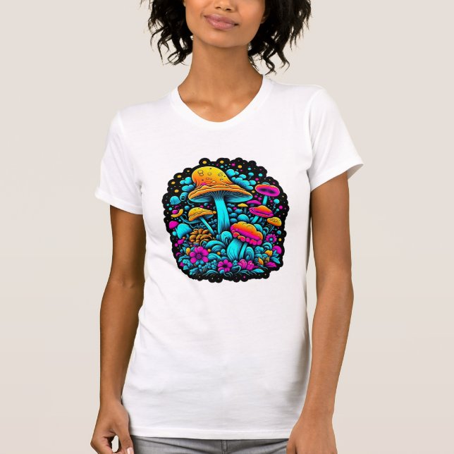 Retro Neon-svampar och blommor T Shirt (Framsida)