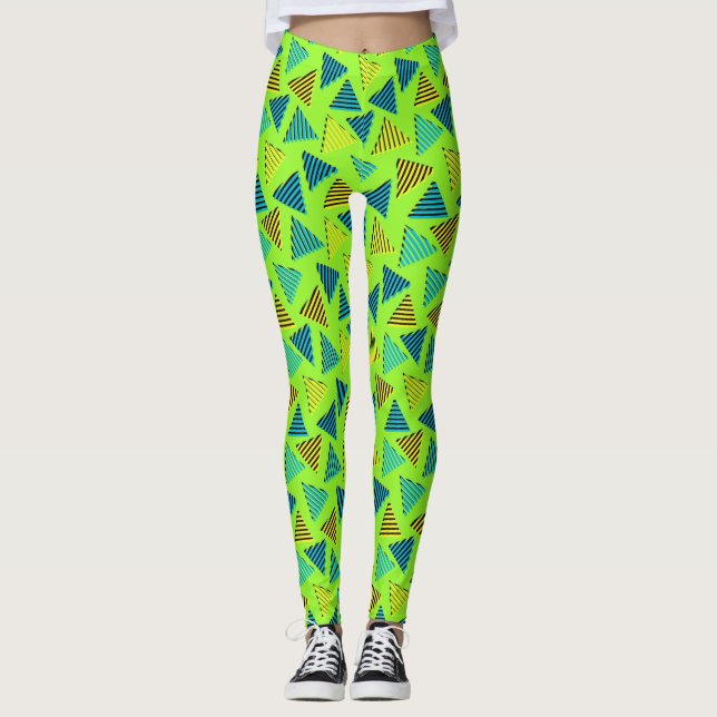 Retro Neon Triangles Mönster Leggings (Framsida)