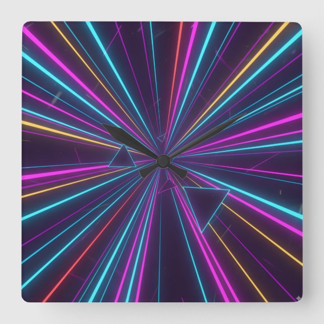 Retro Neon Wall Clock - 80:s Futuristiska Design Fyrkantig Klocka (Framsida)