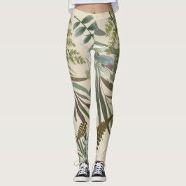 Retro Neutralt Sage Blommigt Fern Botaniskt Foliag Leggings