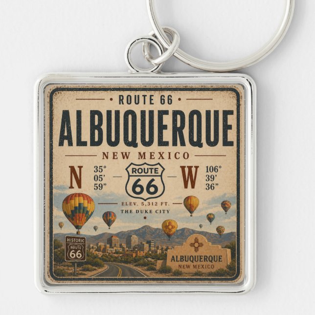 Retro New Mexico Highway-souvenir Fyrkantig Silverfärgad Nyckelring (Framsidan)