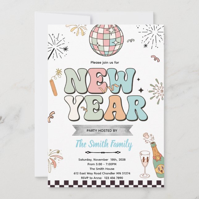 Retro new year party invitation inbjudningar (Framsida)