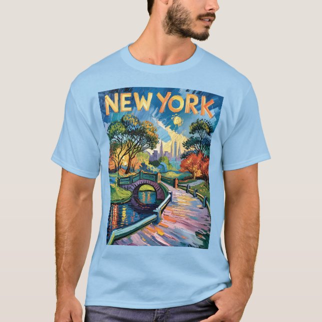 Retro New York Central Park Van Gogh Cityscape Art T Shirt (Framsida)