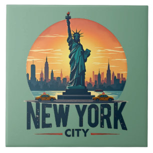 Retro New York City Skyline med Frihetsgudinnan Kakelplatta