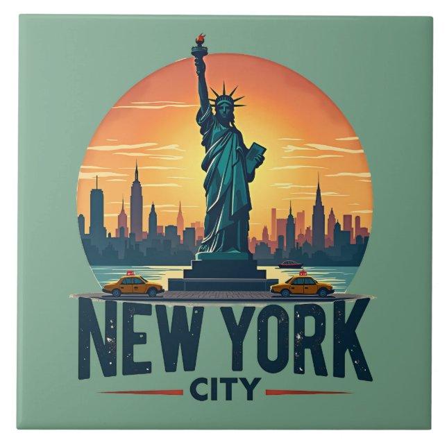 Retro New York City Skyline med Frihetsgudinnan Kakelplatta (Framsidan)