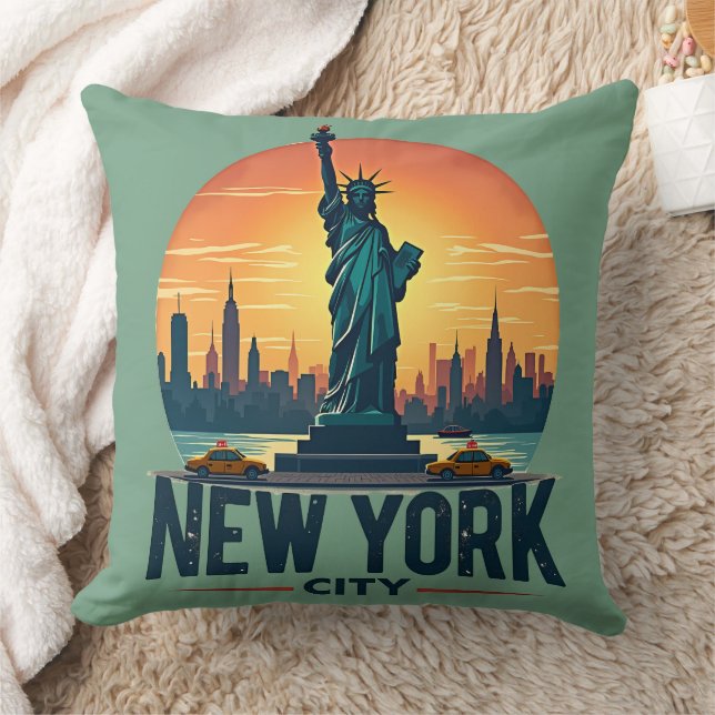 Retro New York City Skyline med Frihetsgudinnan Kudde (Filt)