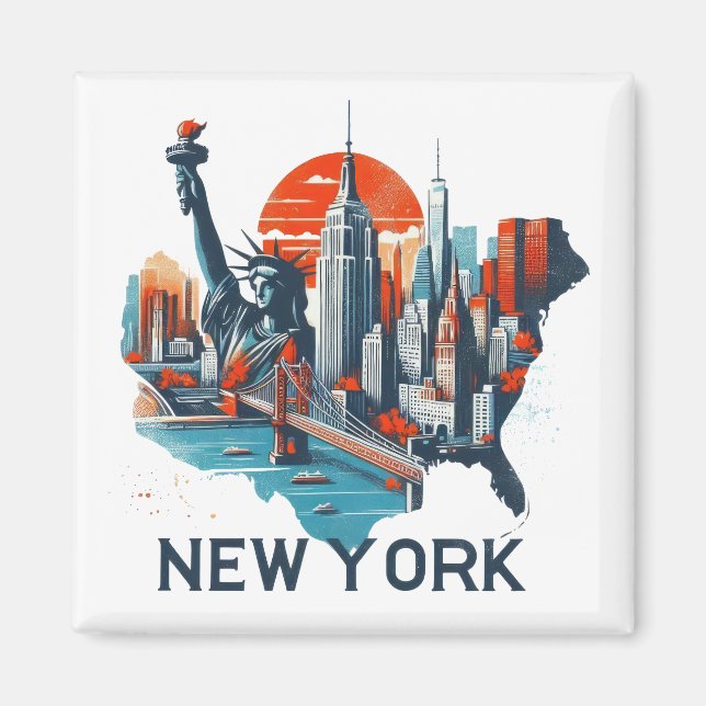 Retro New York Skyline Silhouette Magnet (Framsidan)