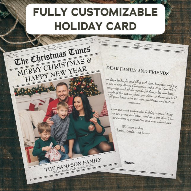 Retro Newspaper jul Photo Family Hälsning Julkort (Skapare uppladdad)