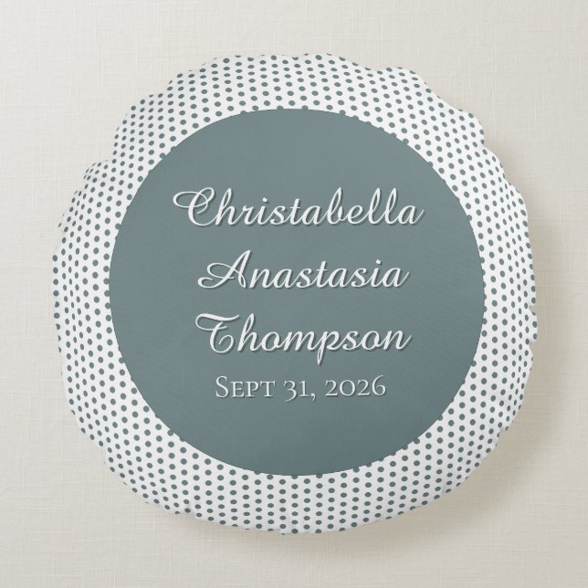 Retro Nostalgic Green Polka Dot Birth Stats Rund Kudde (Framsidan)