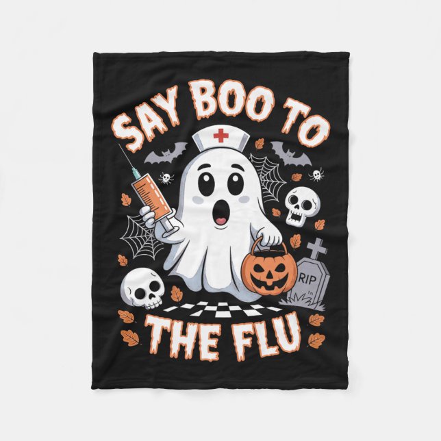 Retro Nurse Ghost Halloween- vaccin säger Boo till Fleecefilt (Framsidan)