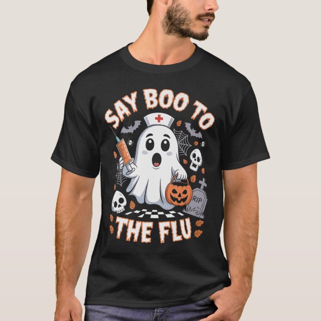 Retro Nurse Ghost Halloween- vaccin säger Boo till T Shirt (Framsida)
