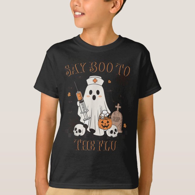 Retro Nurse Ghost Halloween- vaccin säger Boo till T Shirt (Framsida)