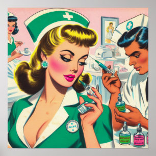 Retro Nurse Girl Illustration Poster