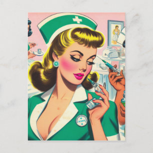 Retro Nurse Girl Illustration Vykort
