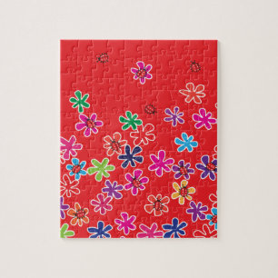 Retro Nyckelpigor och blommor Pussel