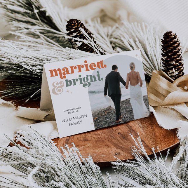 Retro-nytt mappat fack-fotomappat Helgdag-kort Helgkort (Married & Bright Newlywed Christmas Card)