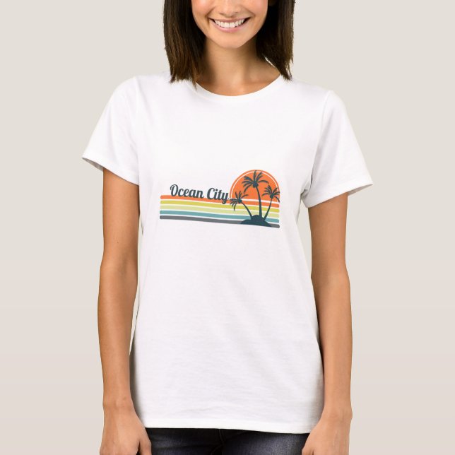 Retro Ocean City Sunset T Shirt (Framsida)