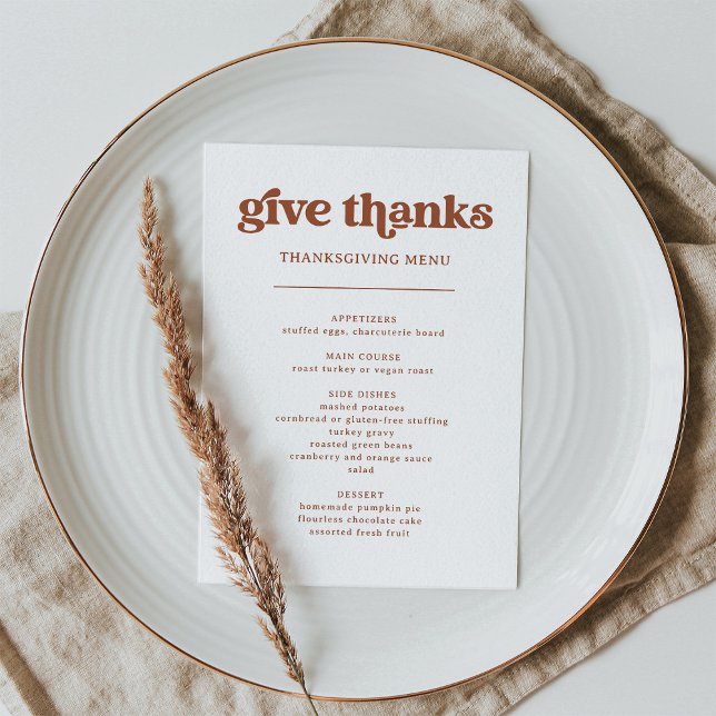 Retro och Boho | Thanksgiving Middag Meny (A retro and boho style Thanksgiving dinner menu in terracotta and white)