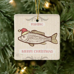 Retro och fiska julfisk i Santa Hat Julgransprydnad Keramik