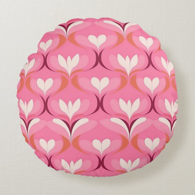 Retro Ogee rosa orange hearts Rund Kudde (Framsidan)