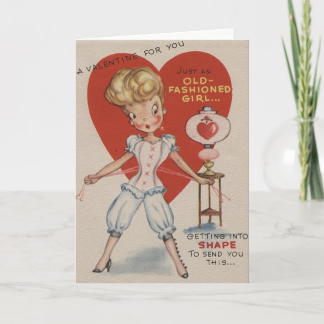 Retro Old Fashioned Girl Valentine Day Card Helgkort (Framsida)