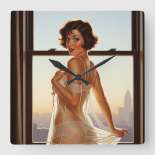 Retro Old school Pin-up Girl Fyrkantig Klocka
