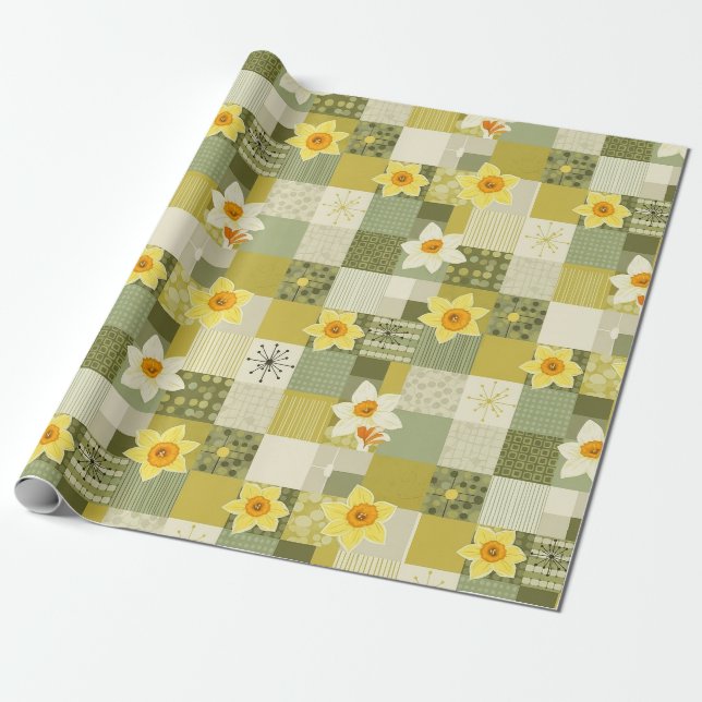 Retro Oliv Narciss Blommig Kakel - Mid Century Presentpapper (Utrullad)