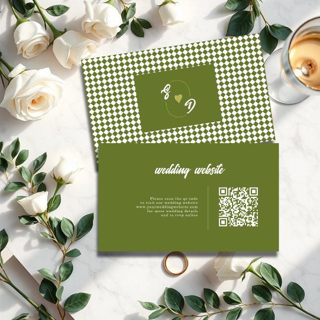 Retro Olive green QR code Checkered Wedding Tilläggskort (Skapare uppladdad)