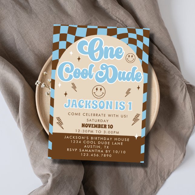 Retro One Cool Kille Baby Pojke 1-års Födelsedagsf Inbjudningar (Skapare uppladdad)