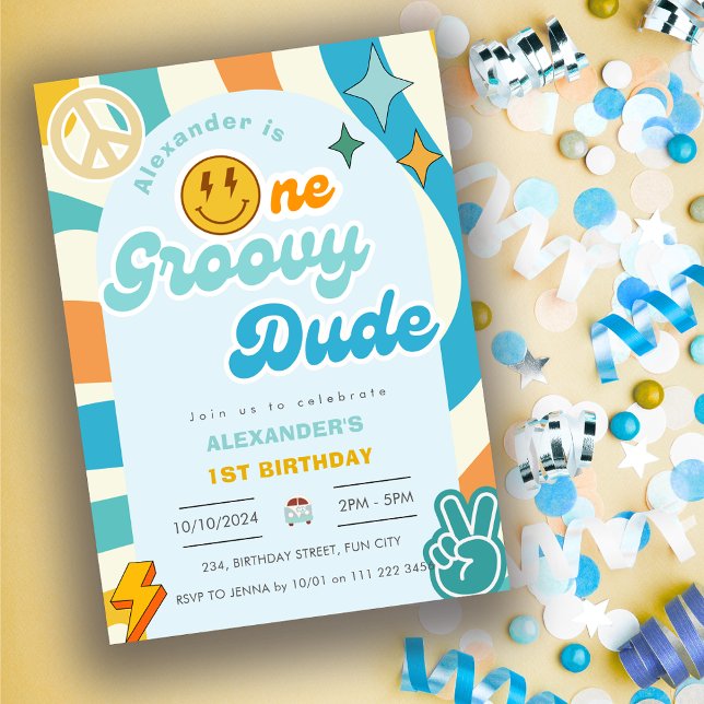 Retro One Groovy Boy 1st First Birthday Inbjudningar (Retro One Groovy Dude Boy 1st First Birthday Invitation)