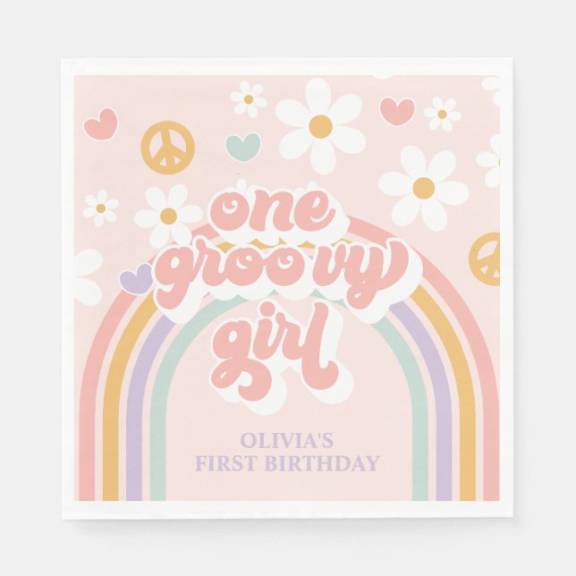 Retro One Groovy Girl Rainbow 1-årsdag Pappersservett (Framsidan)