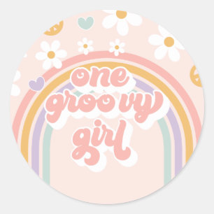 Retro One Groovy Girl Rainbow Birthday Runt Klistermärke