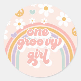 Retro One Groovy Girl Rainbow Birthday Runt Klistermärke