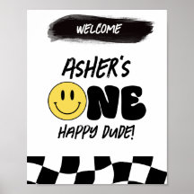 Retro One Happy Dude First Birthday Welcome Sign