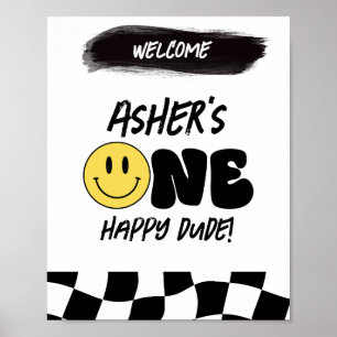 Retro One Happy Dude First Birthday Welcome Sign Poster