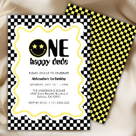 Retro One Happy Dude Gul 1-års Födelsedagsfest  Inbjudningar