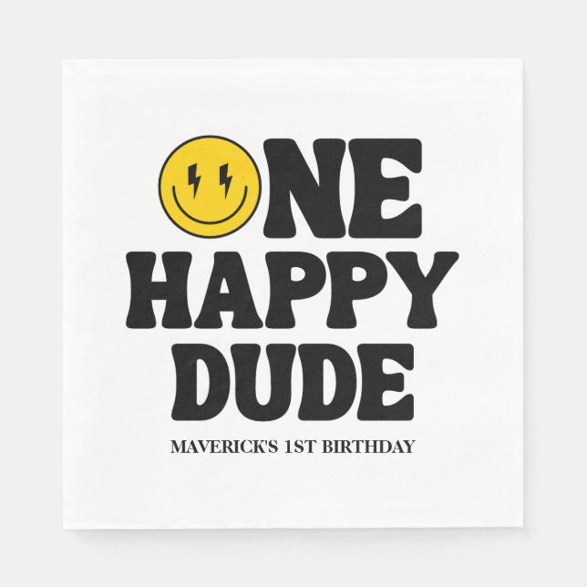 Retro One Happy Dude Smile Face Boy 1st Birthday Pappersservett (Framsidan)
