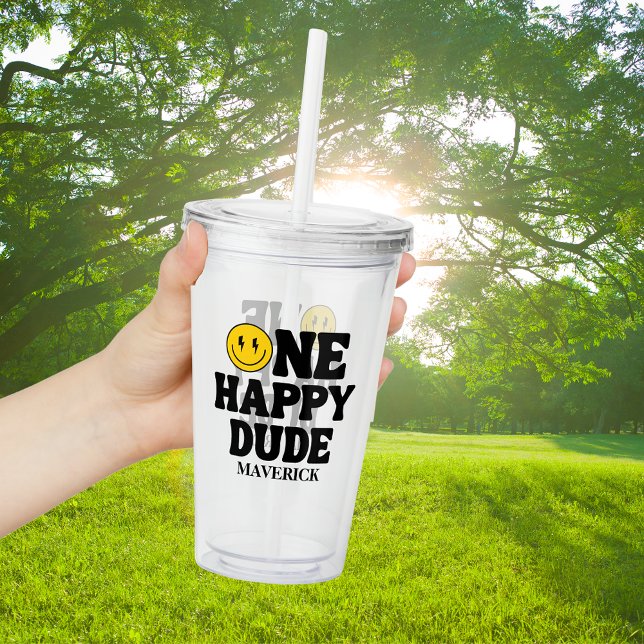 Retro One Happy Dude Smile Face Boy 1st Birthday Take Away Mugg (Skapare uppladdad)