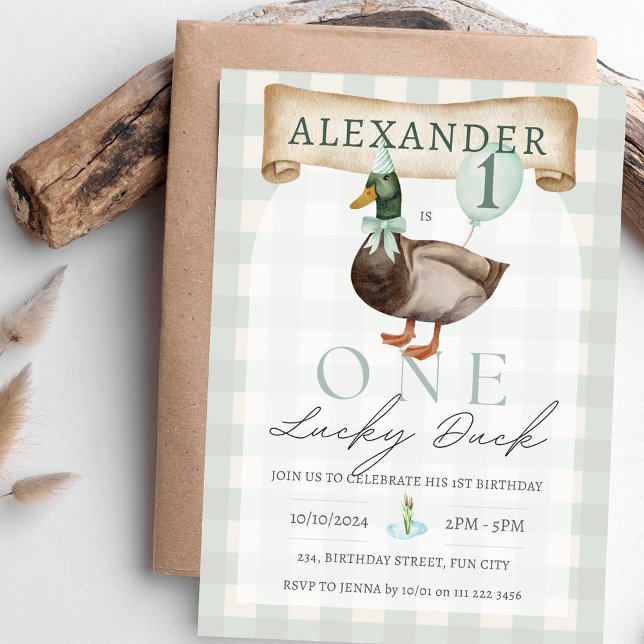 Retro One Lucky Anka 1:a födelsedagsdagen Grönt Gi Inbjudningar (Retro One Lucky Duck 1st Birthday Green Gingham  Invitation)