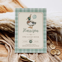 Retro One Lucky Duck Green Balloon 1st Birthday Inbjudningar