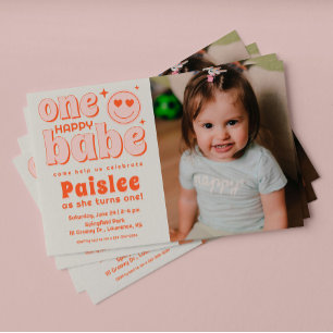 Retro One Lycklig Babe Photo First Birthday Inbjudningar